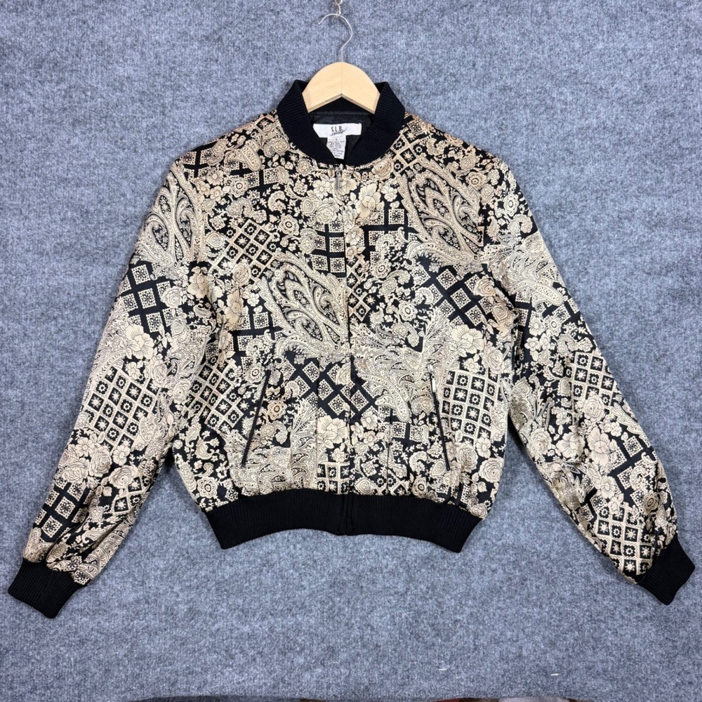 S.L.B. Petite Bomber Jacket Paisley Floral Women S Black Gold 100% Silk EUC